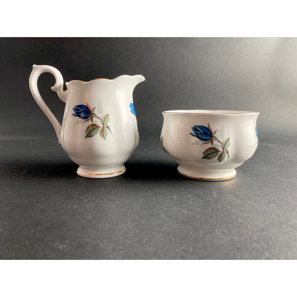 Vintage Blue Rose Creamer & Sugar Bowl Set | Fine Bone China Made in England